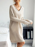 V-NECK LACE STITCHING SWEATER DRESS