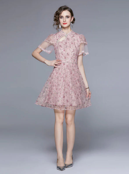 SUMMER RETRO LACE PRINT SLIM DRESS