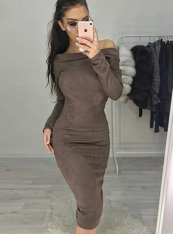 Long Sleeve off shoulder Women mid-calf Dress 