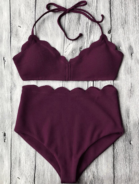 Halter Scalloped High Waisted Bikini Set