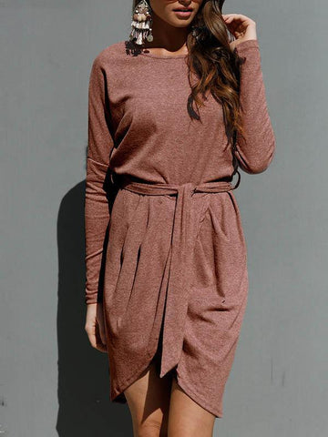 Winter Long Sleeve Asymmetric Belted Mini Dress