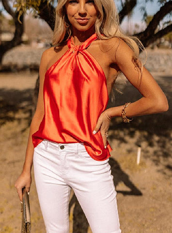 Slim Summer V-neck Sleeveless Satin T-shirt