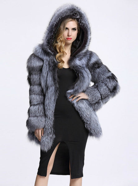 Women Faux Fox Fur Medium Length Sleeve Cap Coat