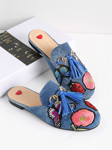 Fathion Embroidery Detail Tassel Embellished Loafer Mules