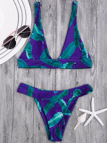 High Cut Banana Leaf Plunge Bikini Set