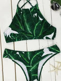 High-Neck Leaf Print Bikini Set