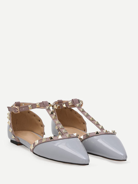 Cheap Grey Faux Patent Studded T-Strap Flats