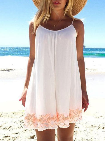 White Short Printed Spaghetti-neck Backless Mini Dress