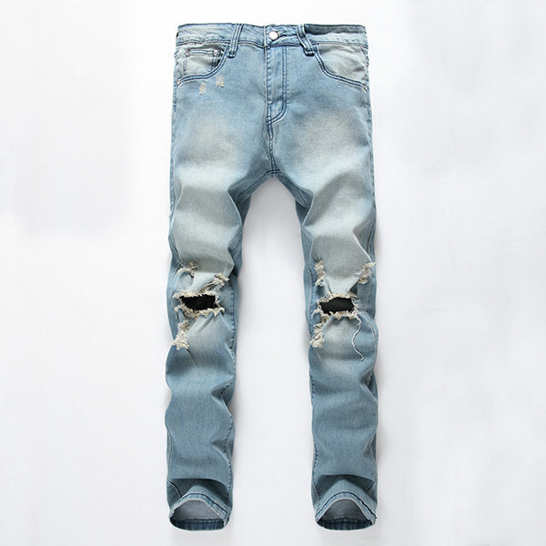 Washed Denim Ripped Jeans for Men Light Blue Worn Hole Printed Stone 
