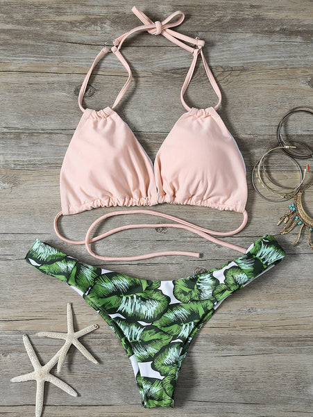 String Low Cut Tropical Print Bikini Set