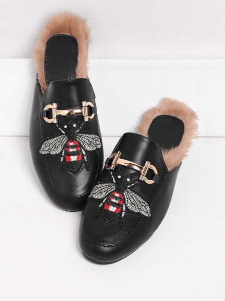 Cheap Bee Embroidery Flat Mules With Faux Fur