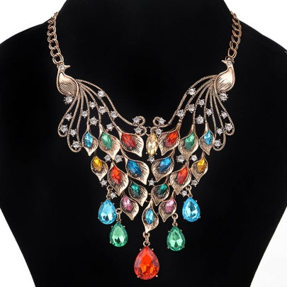  Wings Design Necklace Drop Gemstones Inlaid Peacock