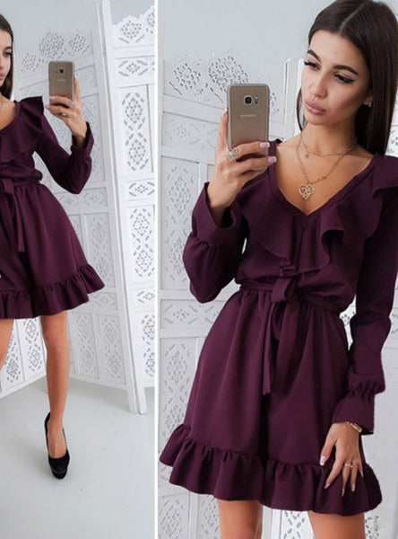 Autumn Solid Color Ruffles Sashes Women Dress 2018