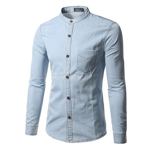 Denim Designer Shirts for Men Autumn Chest Pocket Stand Collar Slim 