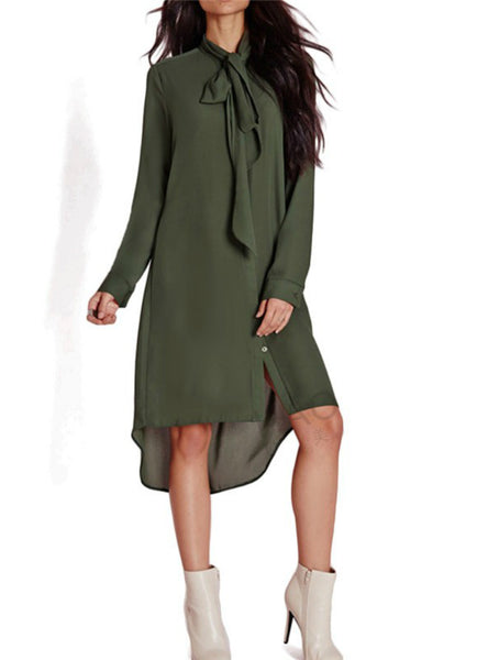 Women Bow Tie Shirts Dress Long Sleeve Solid Color Dresses 
