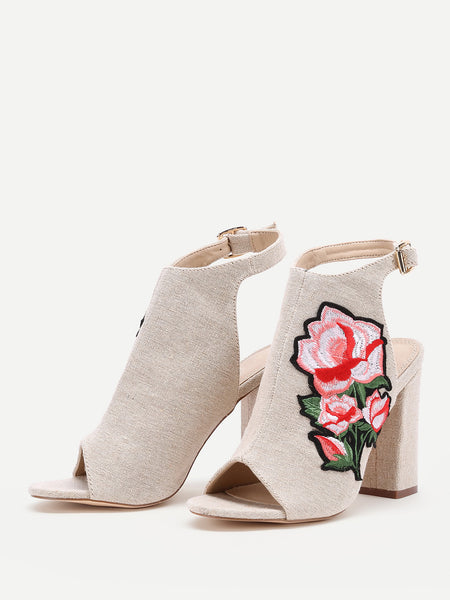 Cheap Rose Applique Slingback Peep Toe Block Heels