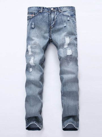 Casual Men's Fashion Jeans Mid Waist Hole Worn Slim Fit 