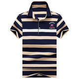  Turn-down Collar Casual Business Polo Shirt Cotton Striped Printed Short Sleeve 