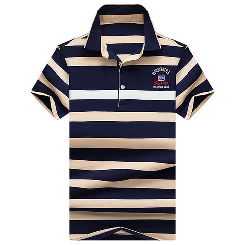  Turn-down Collar Casual Business Polo Shirt Cotton Striped Printed Short Sleeve 