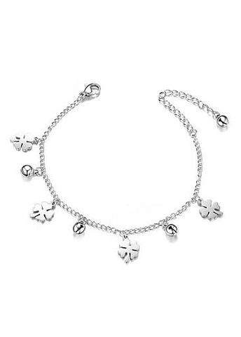  Fashion Four Leaf Clover and Bell, Steel Color Titanium Steel Bracelet