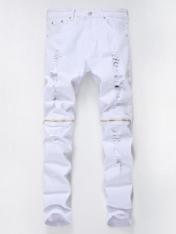  Men's Fashion Jeans Mid Waist Zipper Plain Slim Fit 