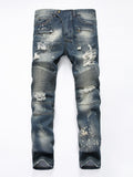 Men's Hole Jeans Mid Waist Straight Slim 