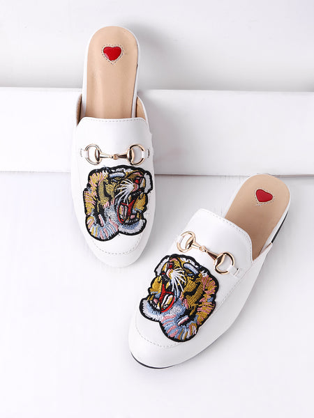 Cheap Tiger Embroidery Metal Detail Flat Mules