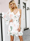 V Neck Print Bohemian Beach Dress Irregular Ruffles Summer Dress 