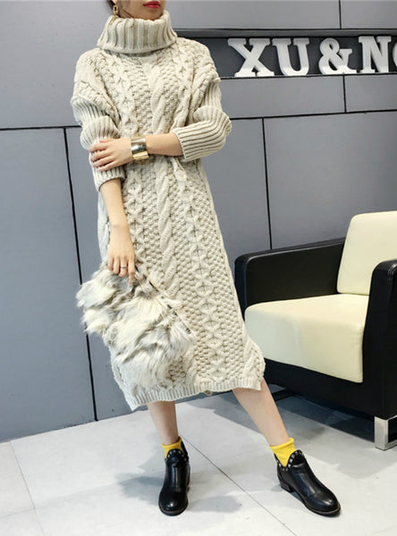 Knitted Dress Turtleneck Long Sleeve Women Warm Long Sweater Dress