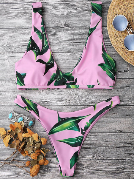 Leaf Print Pullover Scoop Bikini Set