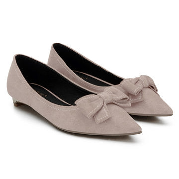 Cheap Nude Bowknot Pointed Toe Suede Flat Shoes
