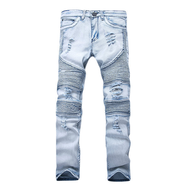 Stone Washed Biker Jeans for Men Light Blue Folds High Elastic Slim Ripped 