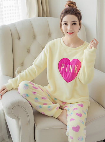 YELLOW COLOR PINK HEART PYJAMAS SETS THICK VELVET SUIT