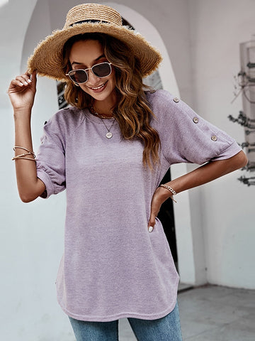 Loose Round Neck Button Casual T-shirt