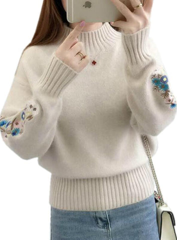 Women Embroidery Turtleneck Sweater Long Sleeve Knit