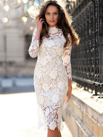 White Lace Bodycon Women Long Sleeve Midi Pencil Dresses