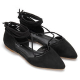 Cheap Suede Lace-up Flats in Black