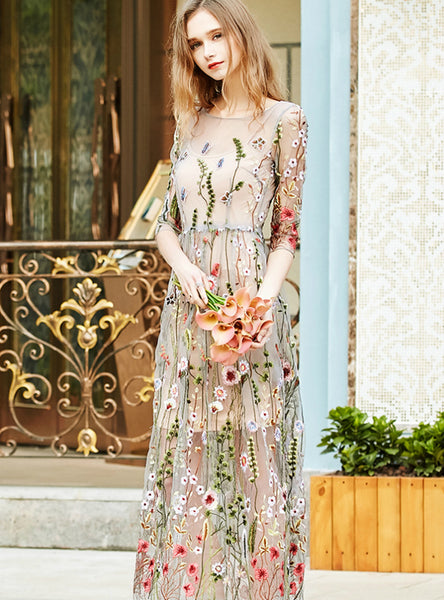 Half Sleeves Sheer Mesh Embroidery Boho Bohemian Long Dress