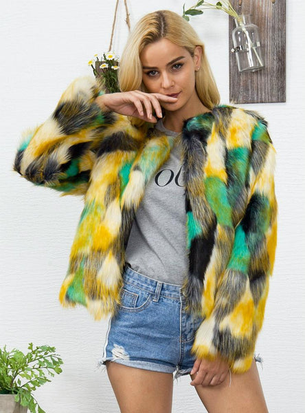 Women Colorful Gradient Long Sleeve Faux Fur Jacket