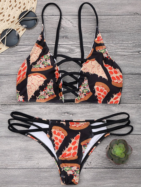 Pizza Print Lattice Thong Bikini Set