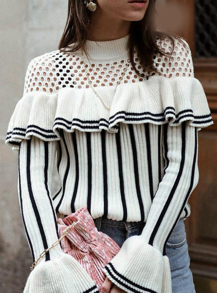 Women Hollow Stripe Flounces Slim Sweater 