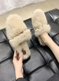 Fashion Faux Fur Detail Satin Flat Loafer Slippers