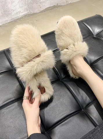 Fashion Faux Fur Detail Satin Flat Loafer Slippers
