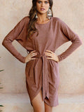 Winter Long Sleeve Asymmetric Belted Mini Dress