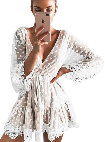 Sexy V Neck Party Beach Mesh Dress Backless Flare Sleeve 