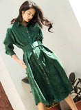 Long Sleeve Green Blue Color Vintage Dress Pocket With Belt