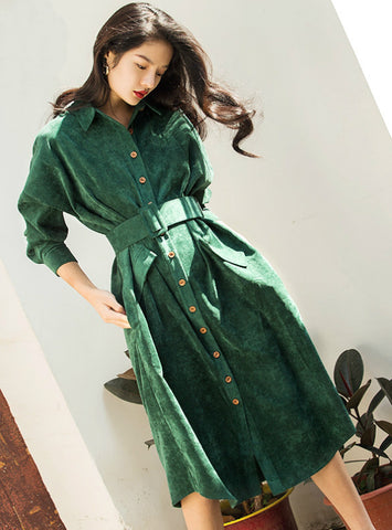 Long Sleeve Green Blue Color Vintage Dress Pocket With Belt