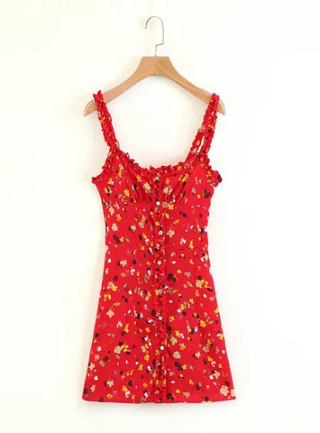 Women Red Floral Printed Sling Dress Sexy Sleeveless Mini Dress