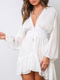 Spring Ruffle White Lace Sexy Plunge V Neck Long Sleeve Mini Party Dress