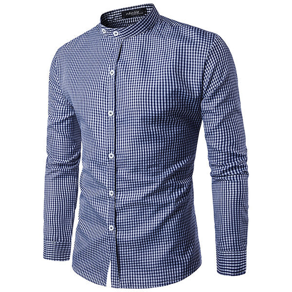  Long Sleeve Cotton Designer Shirt for Men Pin Checked Stand Collar Casual Business 